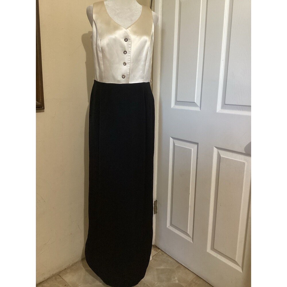 Sunny Choi Vintage Black Cream Sleeveless Jewel Button Maxi Formal Dress 10